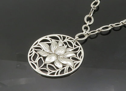 925 Sterling Silver  Vintage Shiny Lotus Flower Oval Chain Necklace  NE3513