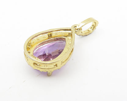 925 Sterling Silver  Amethyst Gold Plated Shiny Tear Drop Pendant  PT9187