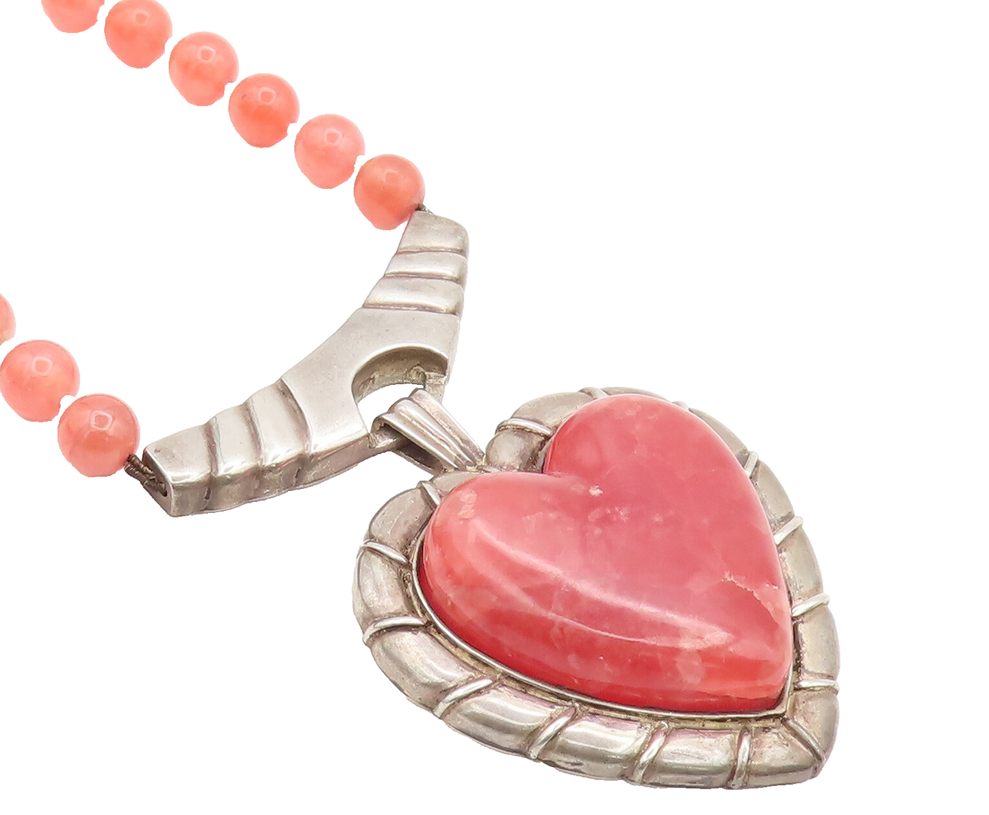 925 Silver Vintage Designer Rhodochrosite Heart Beaded Heavy Necklace NE4142