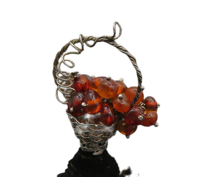 925 Sterling Silver  Vintage Amber Bead Cluster Basket Motif Pendant  PT15270
