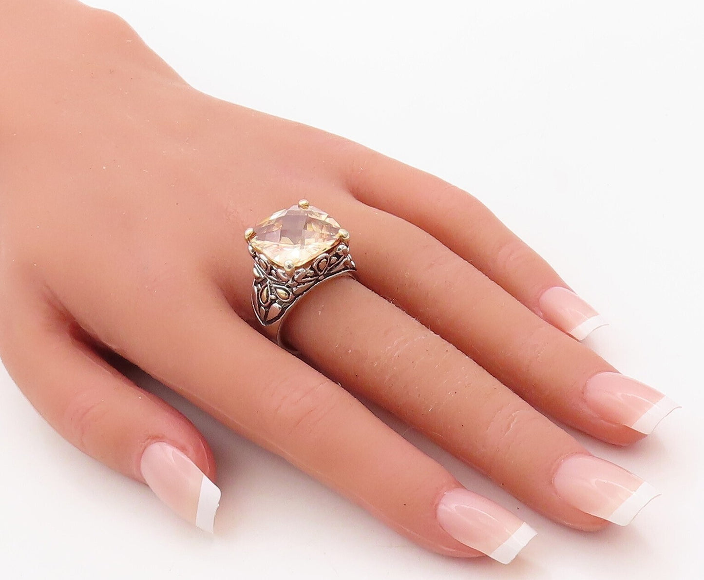 925 Sterling Silver Vintage Ring Floral Carved Square Morganite  Sz 8.5  RG31436