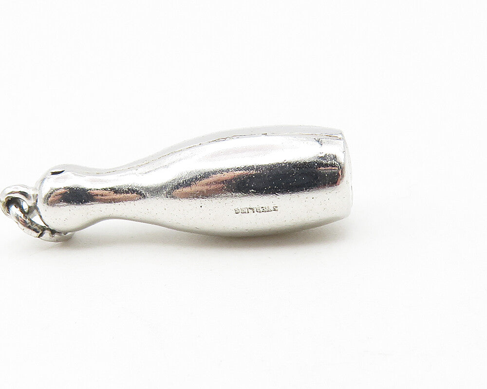925 Sterling Silver  Shiny Single Bowling Pin Sports Motif Pendant  PT9089