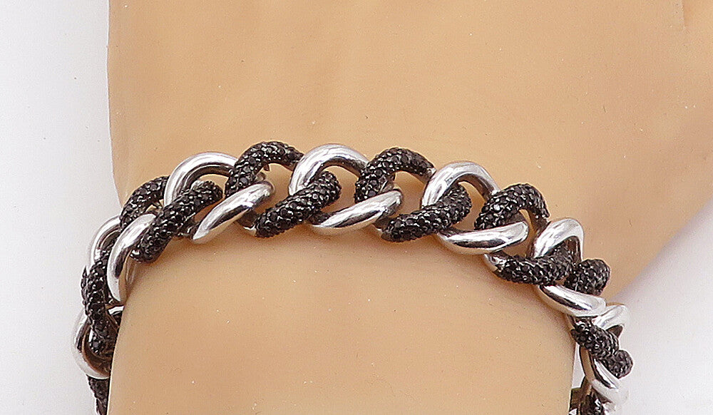 925 Sterling Silver  Black Hematite Shiny Curb Link Chain Bracelet  BT2609
