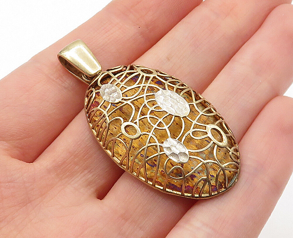 925 Sterling Silver  Vintage Two Tone Floral Swirl Oval Dome Pendant  PT3214