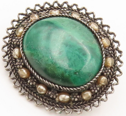 925 Sterling Silver Vintage Brooch Pin ISRAEL Turquoise Halo Carved  BP10617