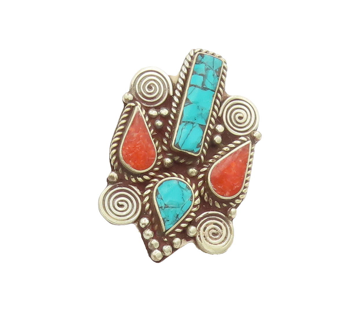 925 Silver  Vintage Large Swirly & beaded Carved Turquoise Ring Sz 8  RG26892