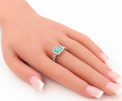 925 Sterling Silver Vintage Ring Rectangle Sea Green Halo White CZ  Sz 7 RG30851