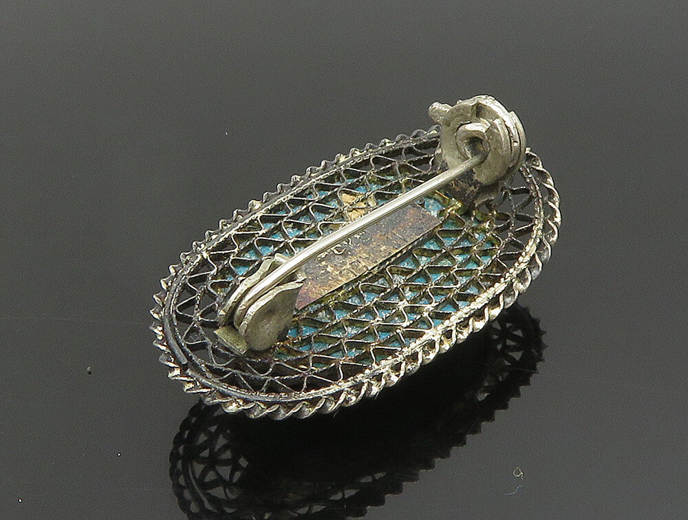 ISRAEL 925 Silver  Vintage Antique Turquoise Wire Web Brooch Pin  BP9523