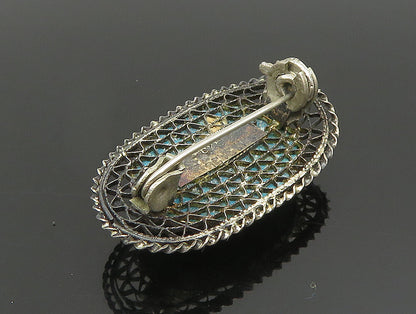ISRAEL 925 Silver  Vintage Antique Turquoise Wire Web Brooch Pin  BP9523