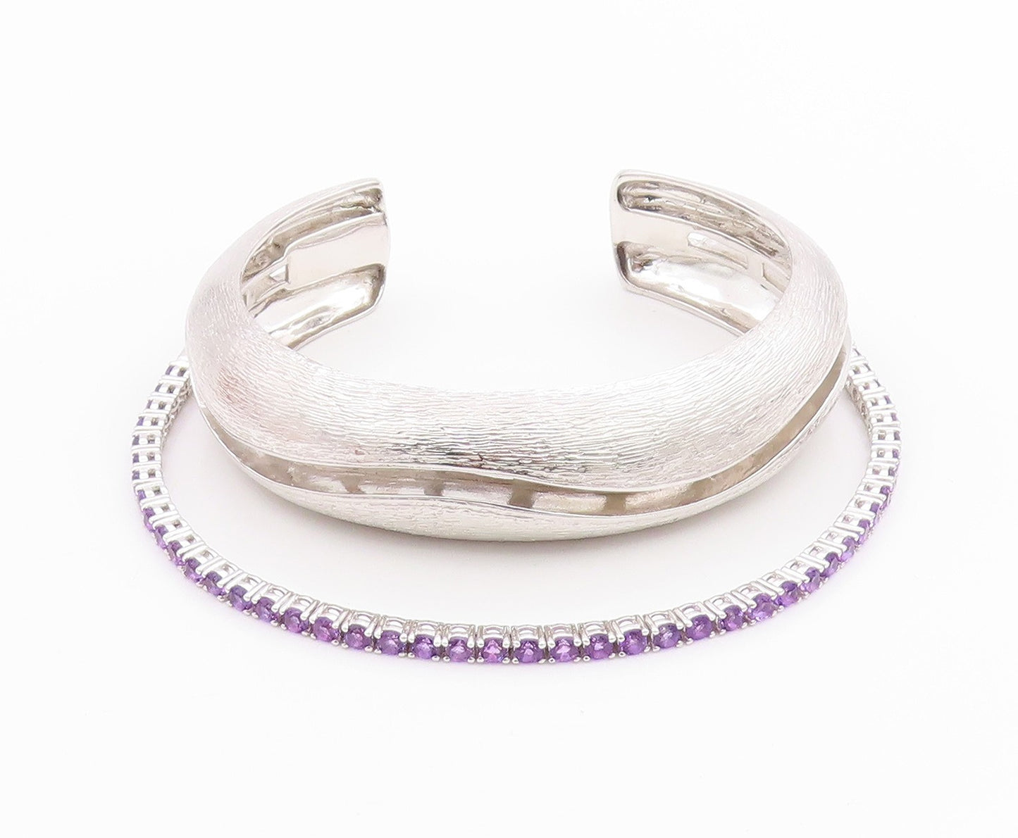 925 Sterling Silver Vintage Bracelet Modernist Amethyst Chain Inlay Cuff BT11351