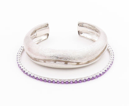 925 Sterling Silver Vintage Bracelet Modernist Amethyst Chain Inlay Cuff BT11351