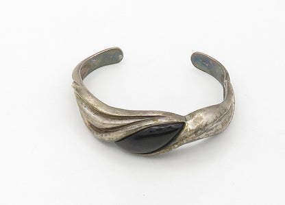 KABANA 925 Sterling Silver  Vintage Black Onyx Fluted Cuff Bracelet  BT8585