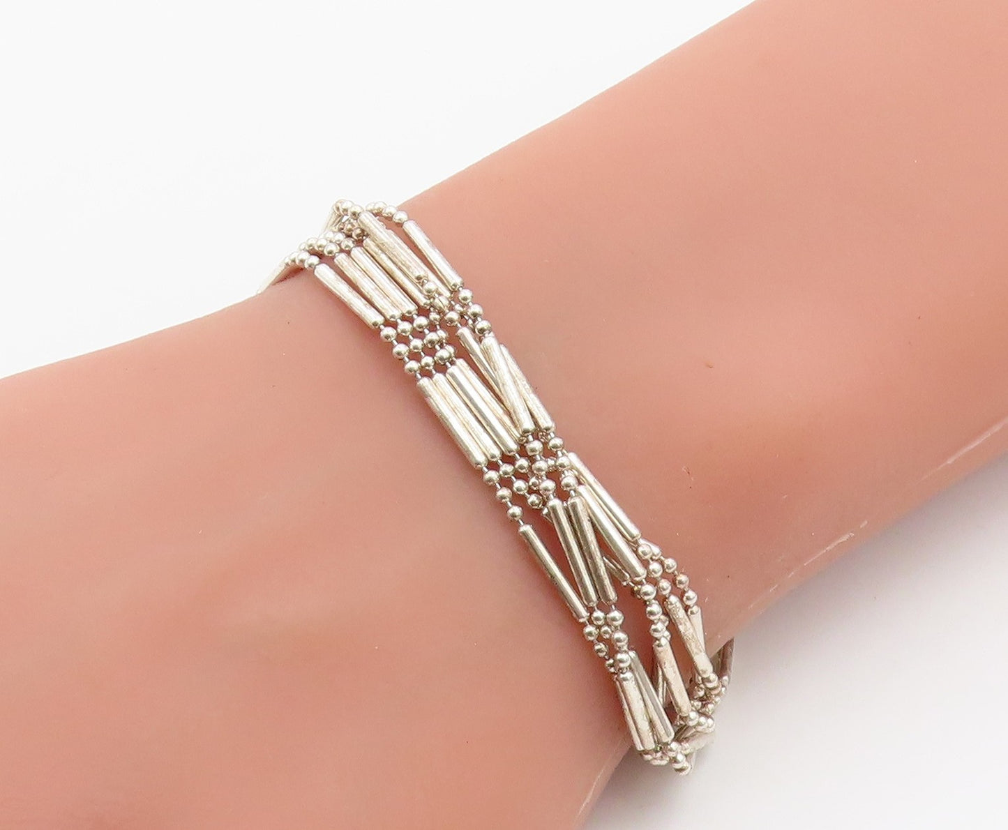 925 Sterling Silver Vintage Bracelet Multi Strand Geometric Bead Link  BT12150