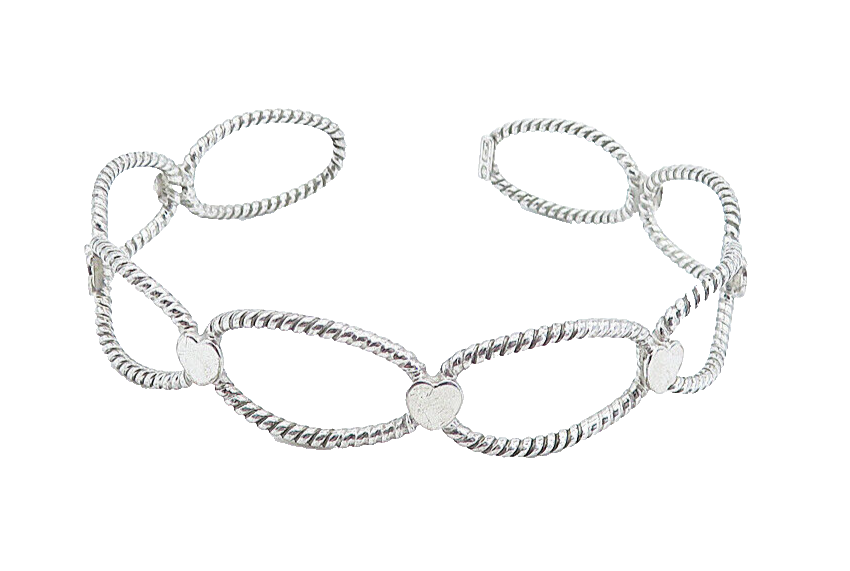 925 Sterling Silver  Shiny Love Heart Open Twist Design Cuff Bracelet  BT2441