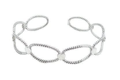 925 Sterling Silver  Shiny Love Heart Open Twist Design Cuff Bracelet  BT2441