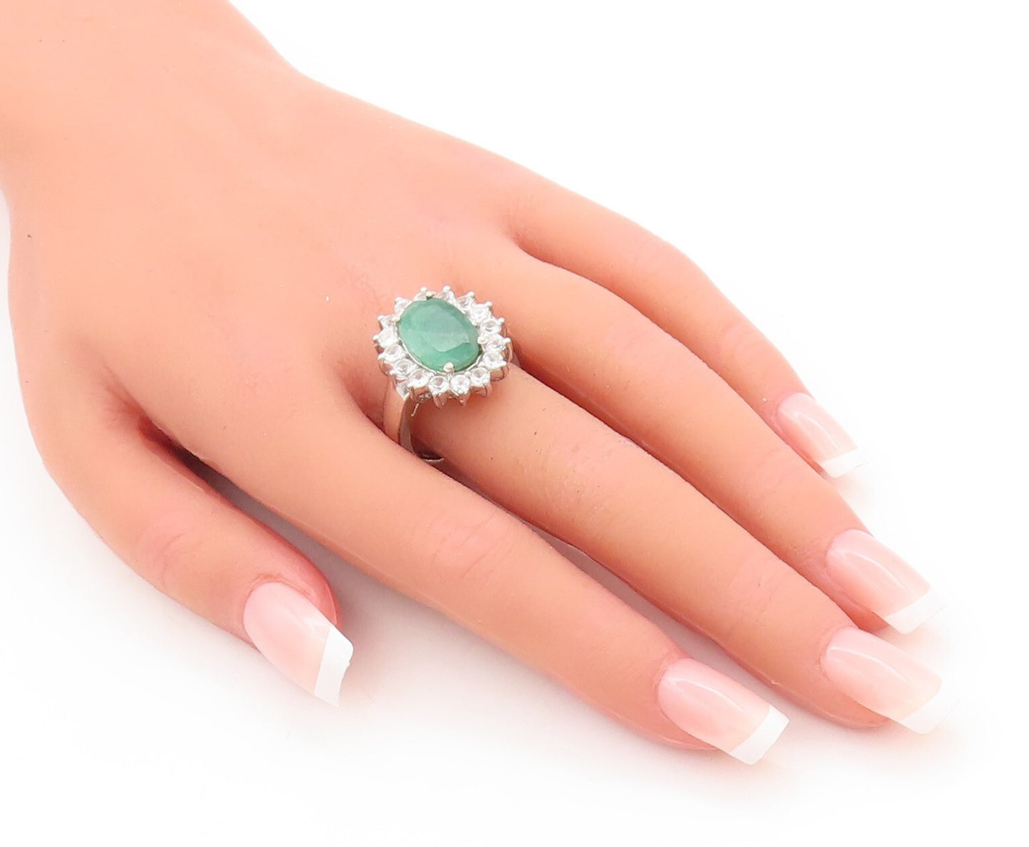 925 Sterling Silver Vintage Ring Green Gemstone Halo Topaz Flower  Sz 9  RG29539