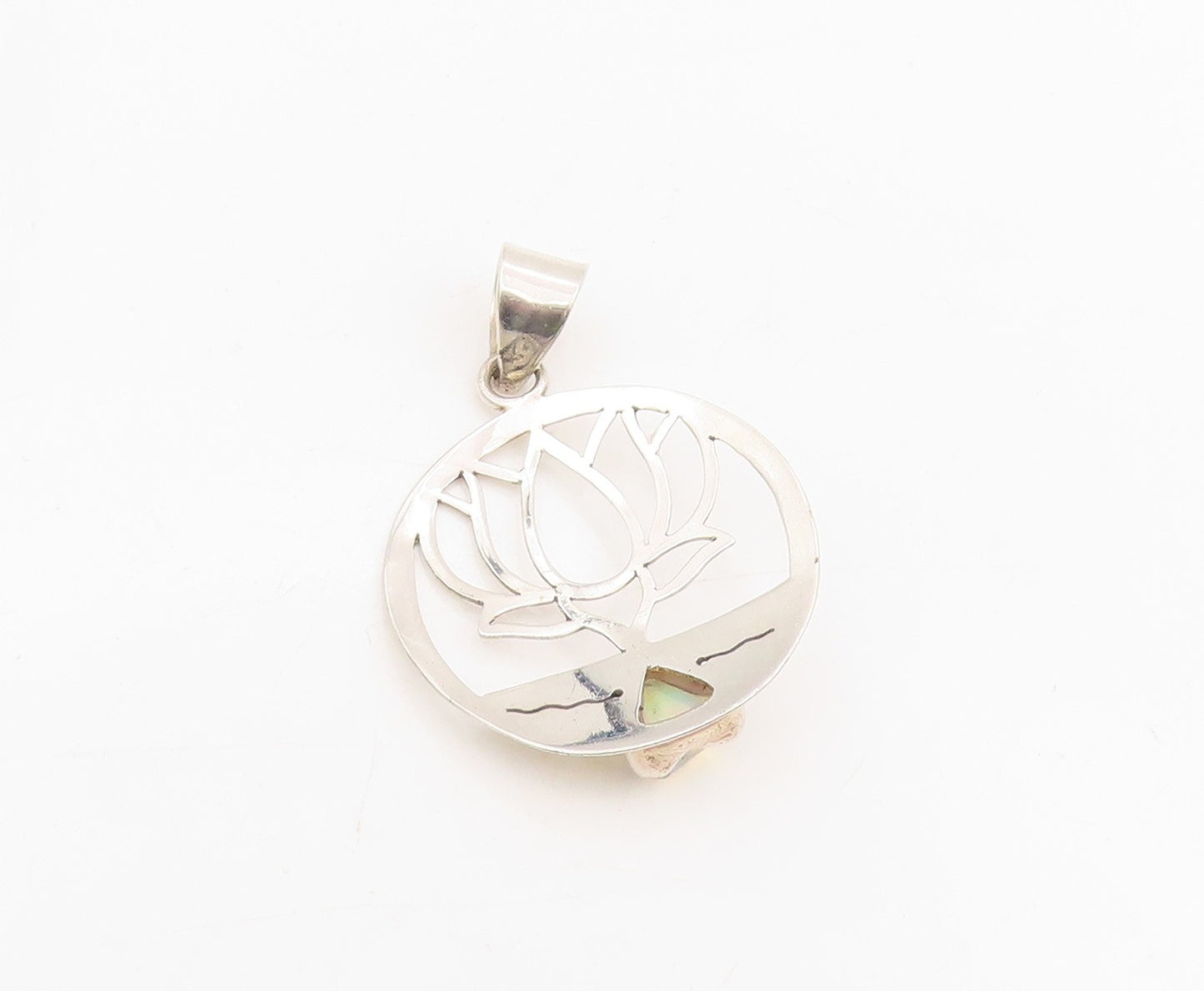 925 Sterling Silver Vintage Pendant Fire Opal Lotus Flower Cutout Medal  PT25565