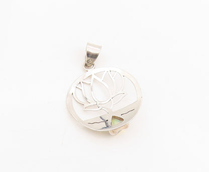 925 Sterling Silver Vintage Pendant Fire Opal Lotus Flower Cutout Medal  PT25565