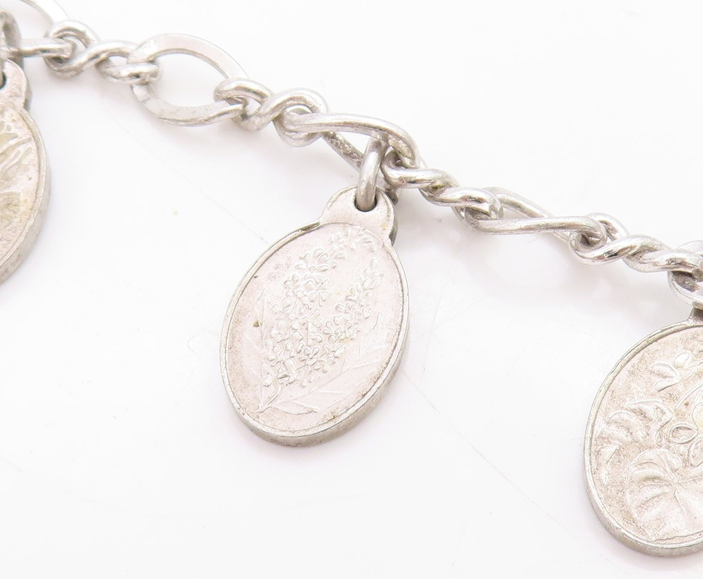 925 Sterling Silver Vintage Bracelet Seven Flowers of Love Oval Charm  BT11711
