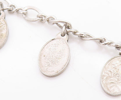 925 Sterling Silver Vintage Bracelet Seven Flowers of Love Oval Charm  BT11711