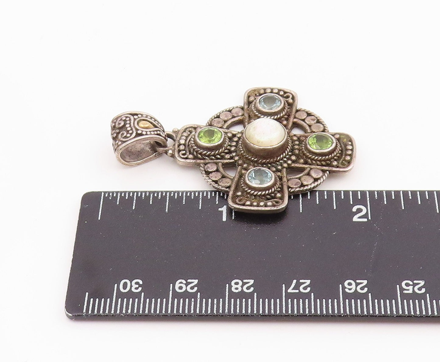 18k Gold & 925 Sterling Silver Vintage Pendant SUARTI BALI Gemstone  PT26035