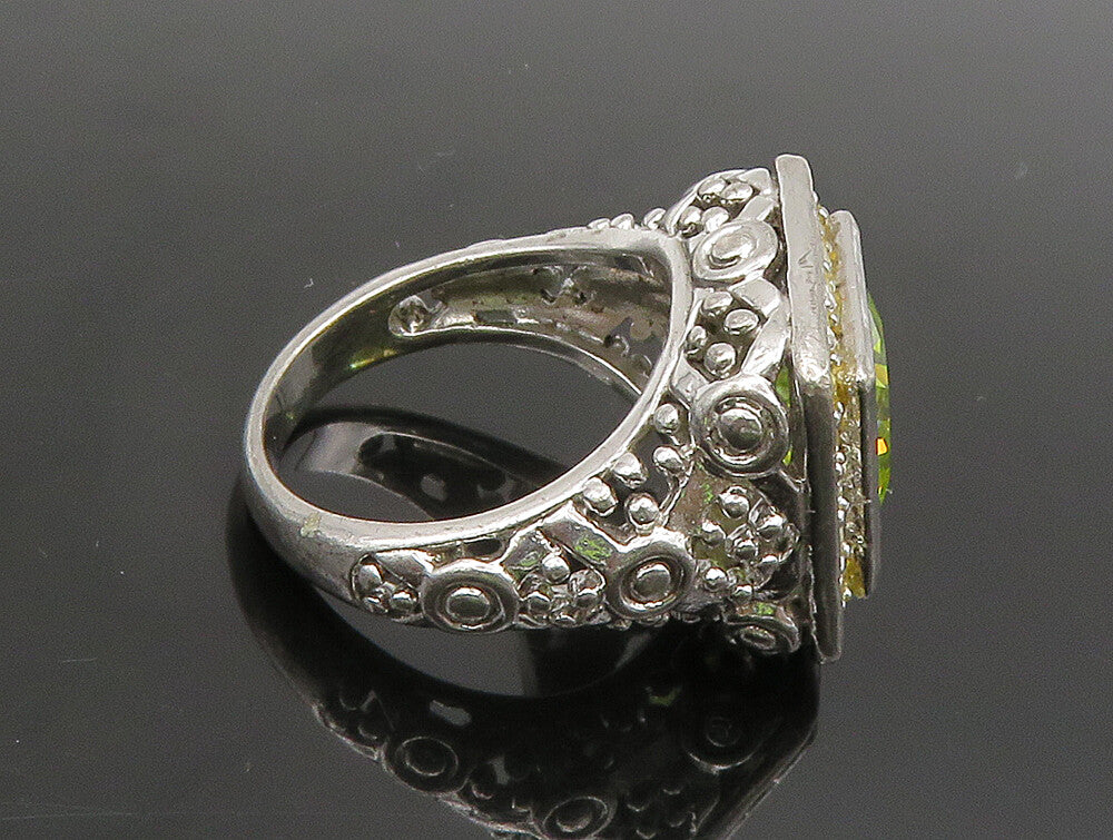 925 Silver  Vintage Green Cubic Zirconia Beaded Square Ring Sz 7  RG24386