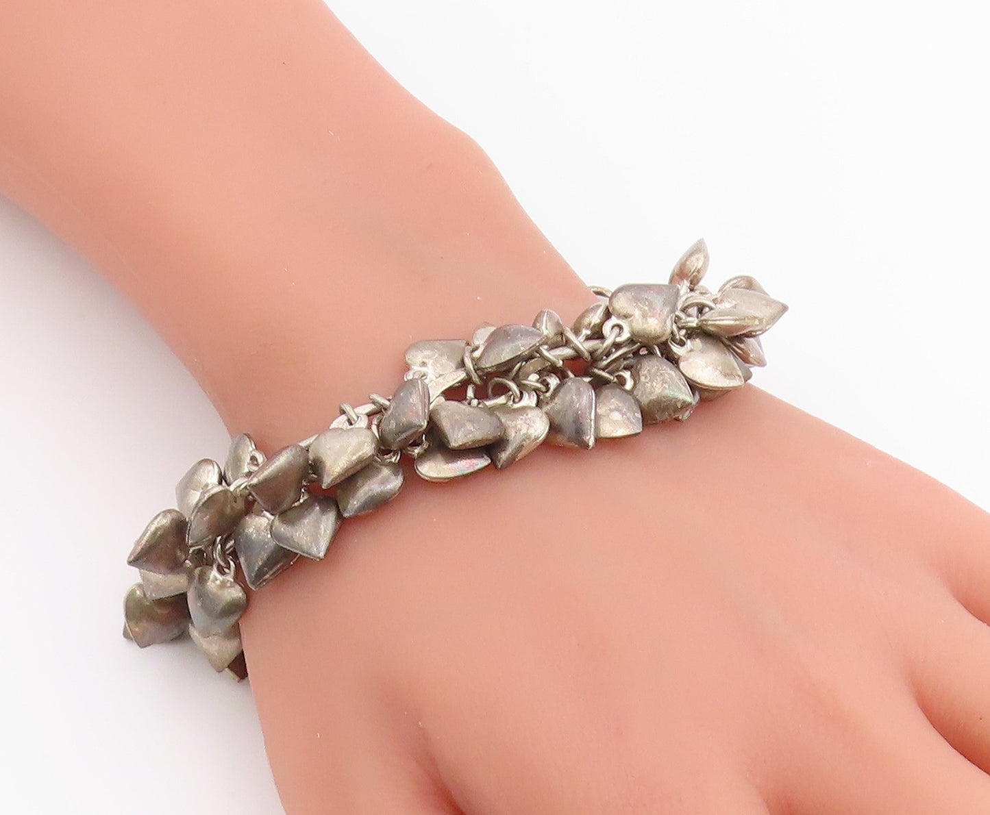 925 Sterling Silver Vintage Bracelet Chunky Love Heart Cascade Chain  BT12205