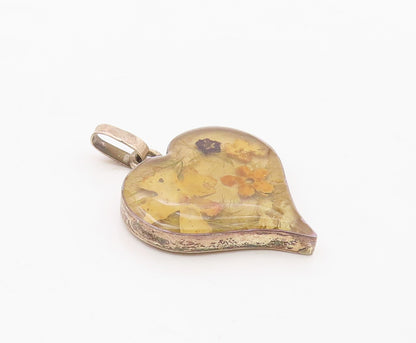 925 Sterling Silver  Vintage Floral Glass Art Love Heart Pendant  PT18824