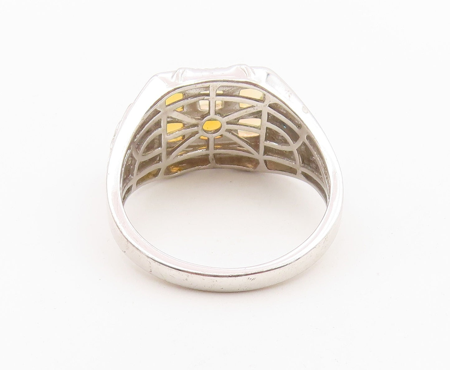 925 Sterling Silver Vintage Ring Fire Opal & Topaz Geometric Band Sz 12 RG36642
