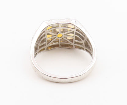 925 Sterling Silver Vintage Ring Fire Opal & Topaz Geometric Band Sz 12 RG36642