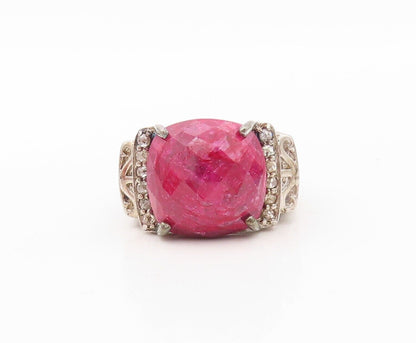 925 Sterling Silver Vintage Ring Diamonds Inlay Square Cut Ruby  Sz 7.5  RG30210