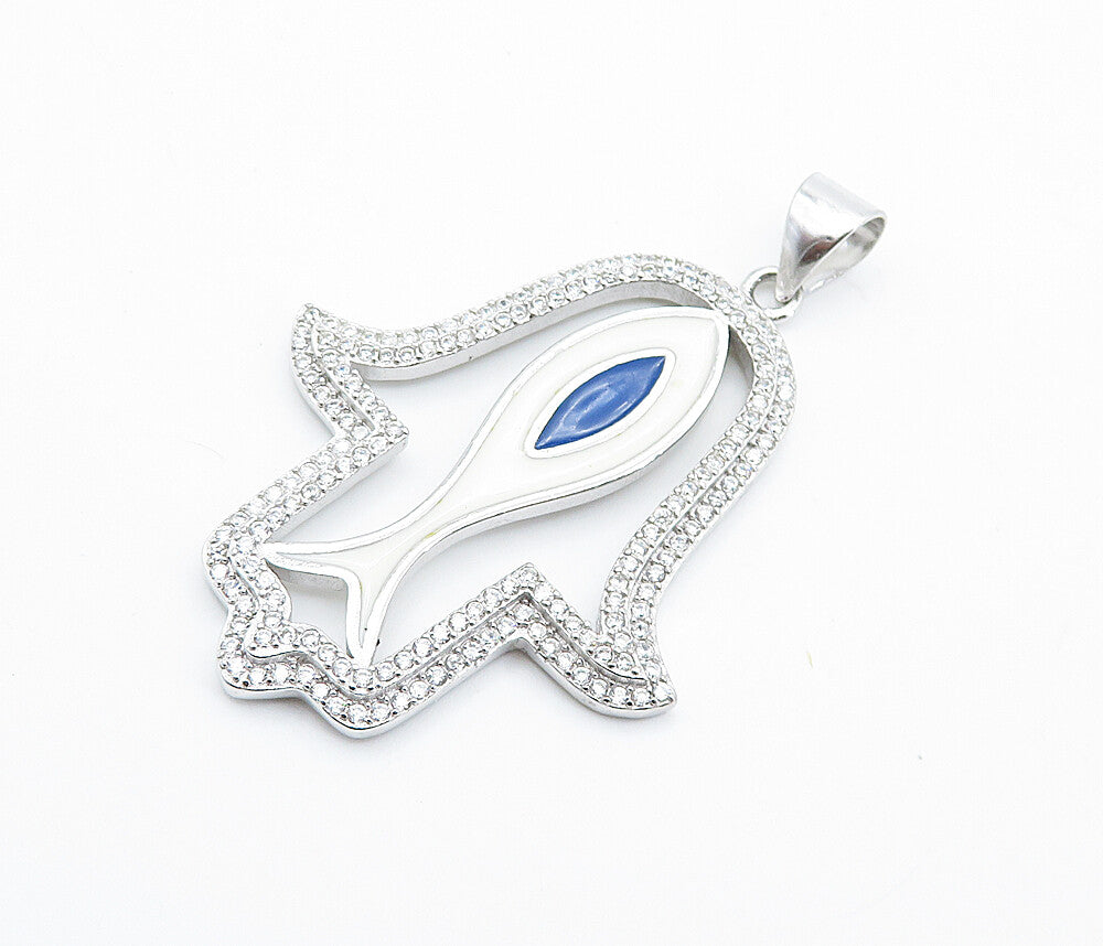 925 Sterling Silver  Sparkling Cubic Zirconia & Enamel Hamsa Pendant  PT6100