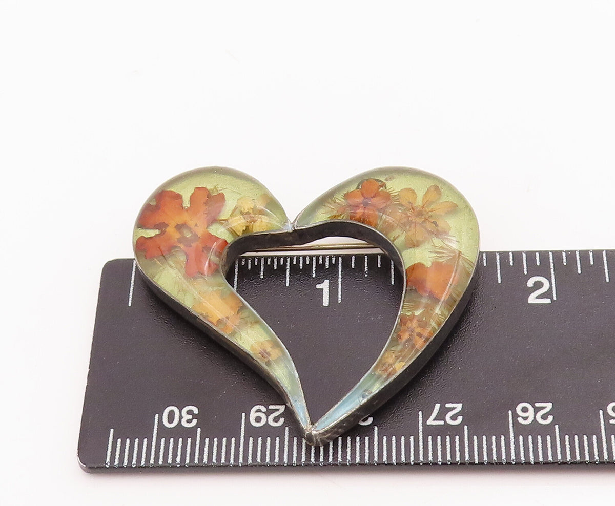 925 Sterling Silver Vintage Brooch Pin Designer Heart With Dried Flowers BP11027