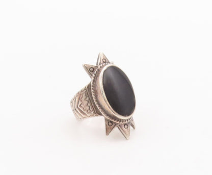 925 Sterling Silver Vintage Ring Solid Sun Carved Oval Onyx Inlay  Sz 6  RG28532