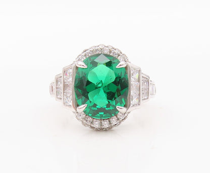 925 Sterling Silver Vintage Ring Designer Oval Green Halo White CZ  Sz 7 RG30005