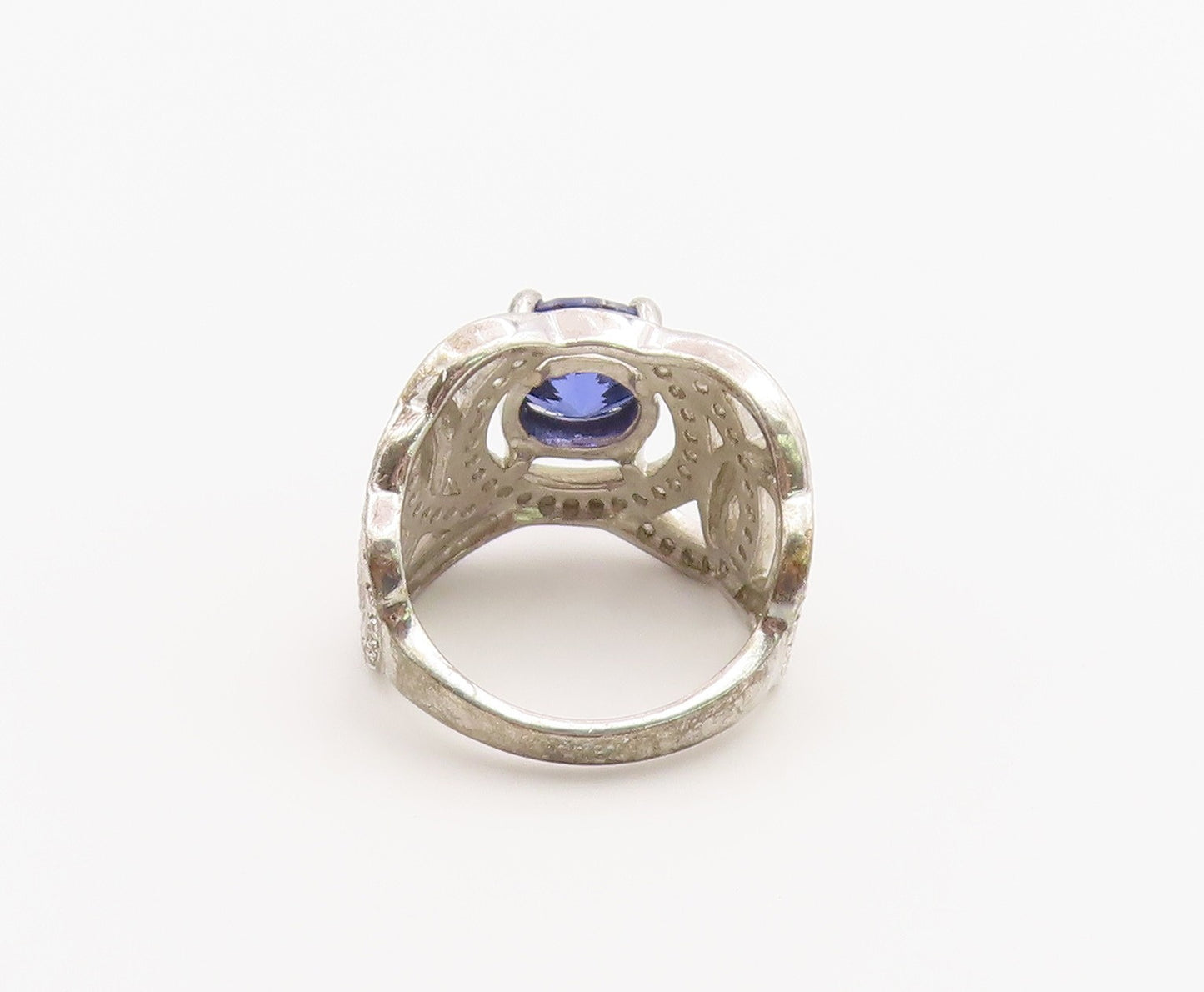 925 Sterling Silver Vintage Ring Tanzanite & CZ Double Loop Band Sz 9.5 RG36890