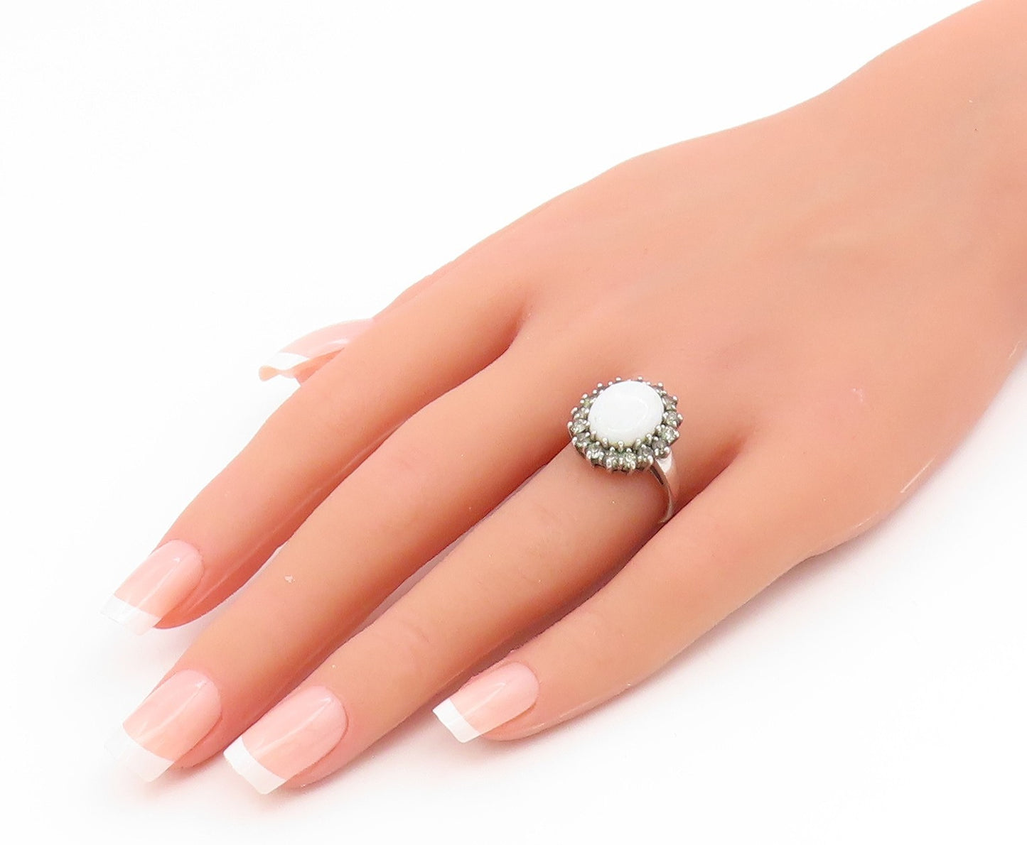 925 Sterling Silver Vintage Ring Cabochon Opal Halo CZ Band  Sz 6.5  RG35183