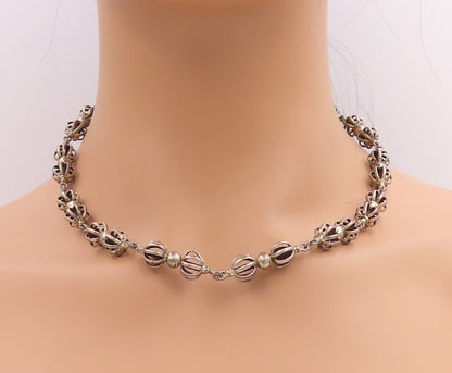 925 Sterling Silver Vintage Necklace Designer Cutout Dark Tone Beads  NE4428