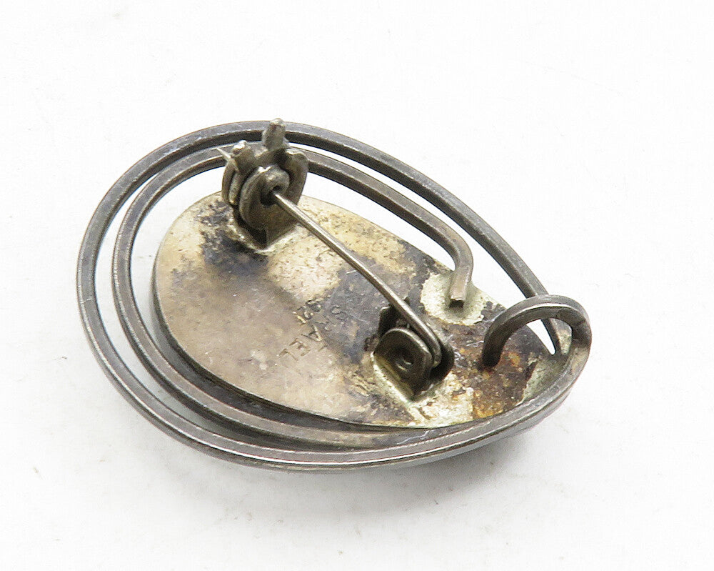ISRAEL 925 Silver  Vintage Chrysocolla Modernist Oxidized Brooch Pin  BP4544