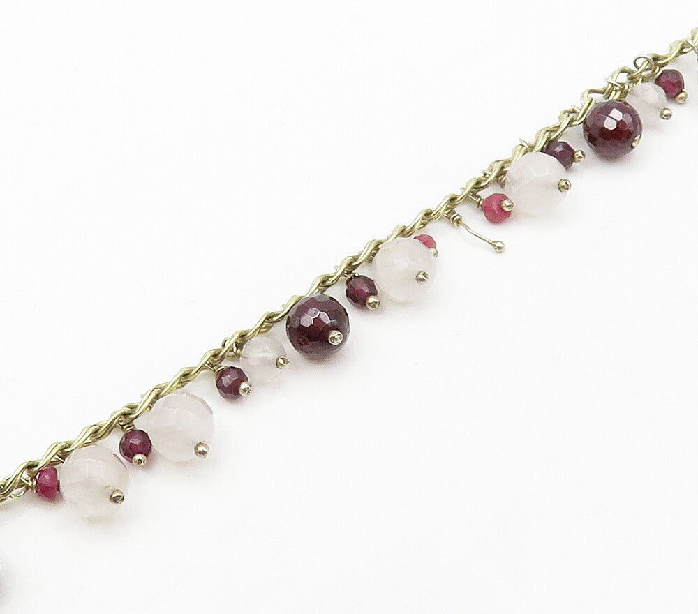 DESIGNER 925 Sterling Silver Garnet Ruby & Quartz Beaded Chain Bracelet BT6347