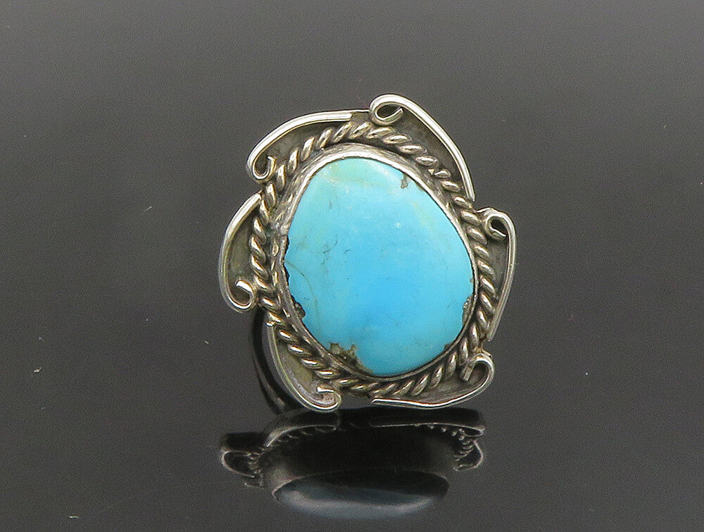 SOUTHWESTERN 925 Silver Vintage Twisted Rope Turquoise Ring Sz 8 RG24403