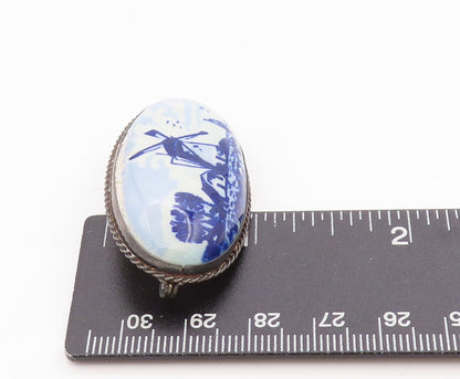 925 Sterling Silver Vintage Brooch Delft Windmill Ceramic Scenery  BP11782