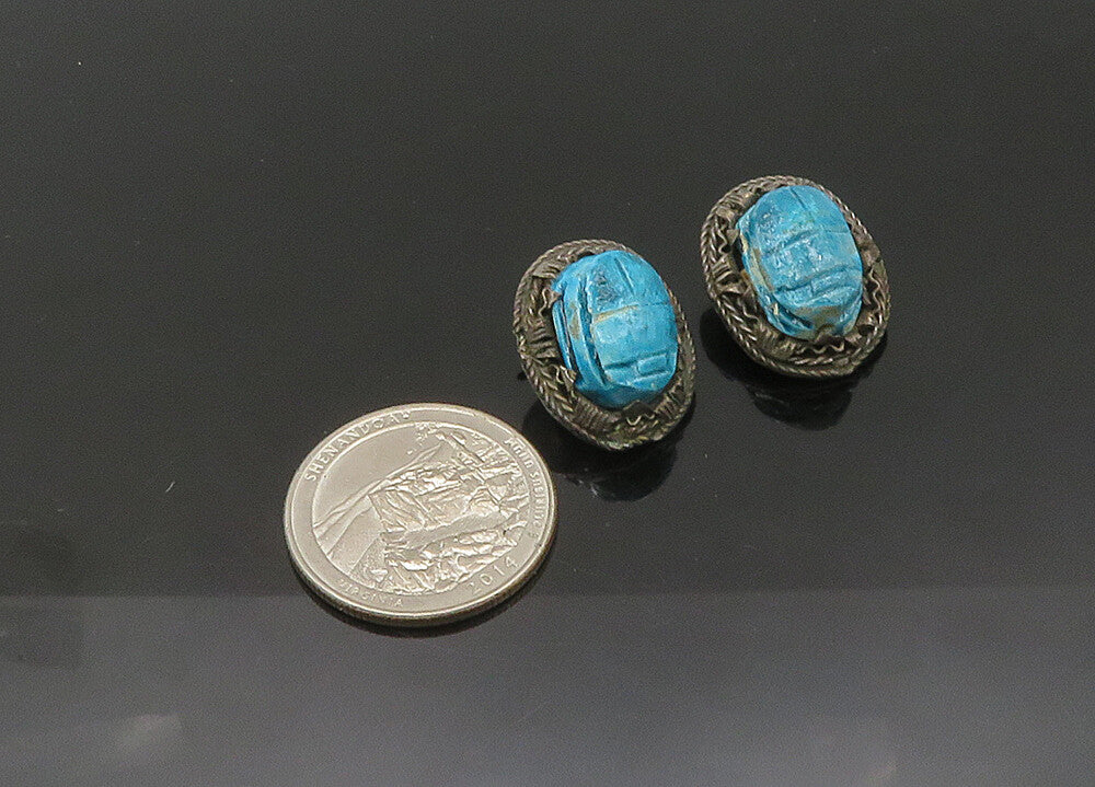 MIDDLE EAST 925 Silver  Vintage Turquoise Scarab Non Pierce Earrings  EG10791