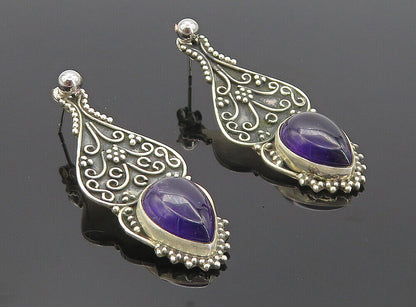 925 Sterling Silver  Vintage Amethyst Oxidized Swirl Drop Earrings  EG3069