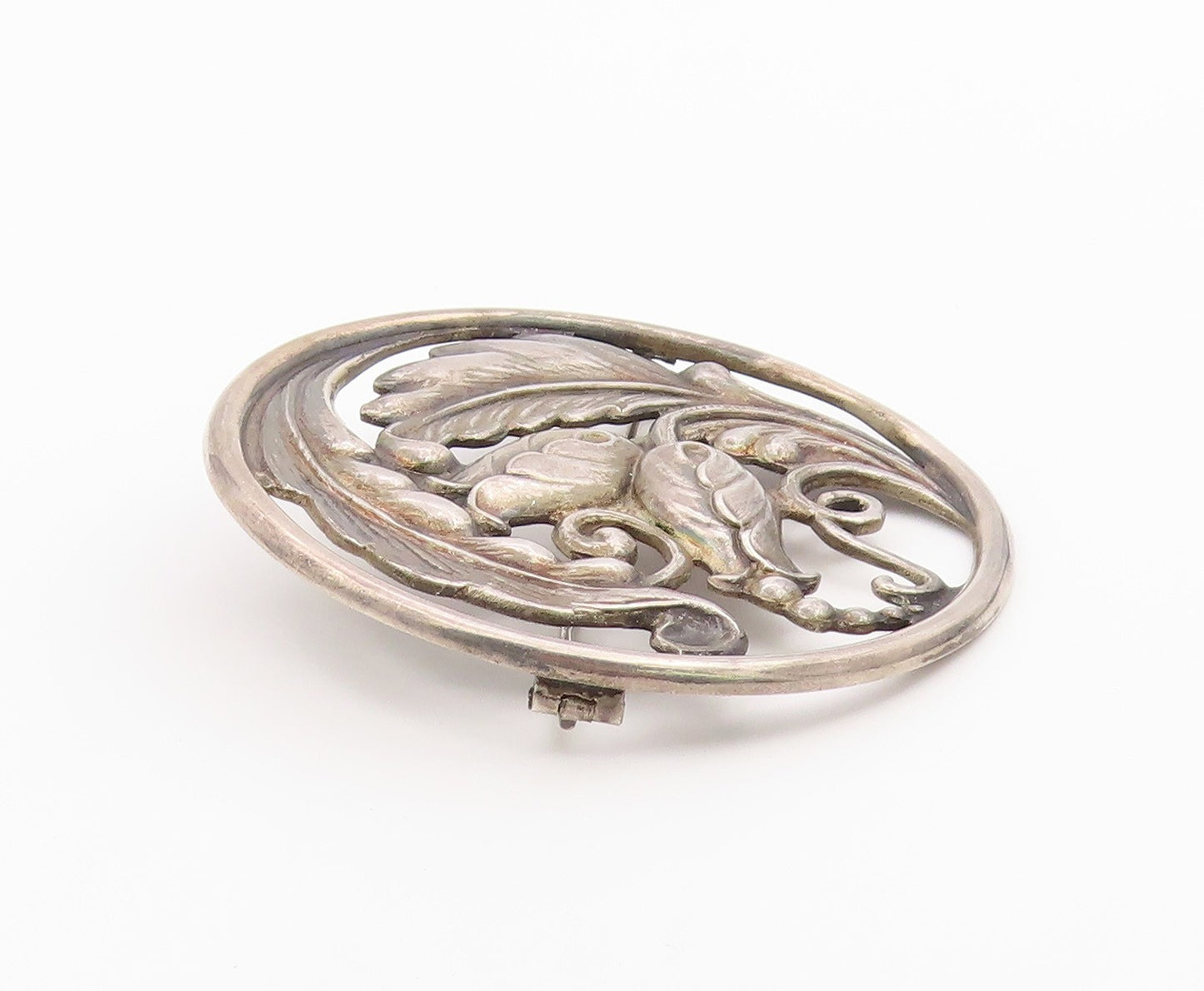 925 Sterling Silver Vintage Brooch Pin CARL POUL Openwork Foliate Circle BP12610