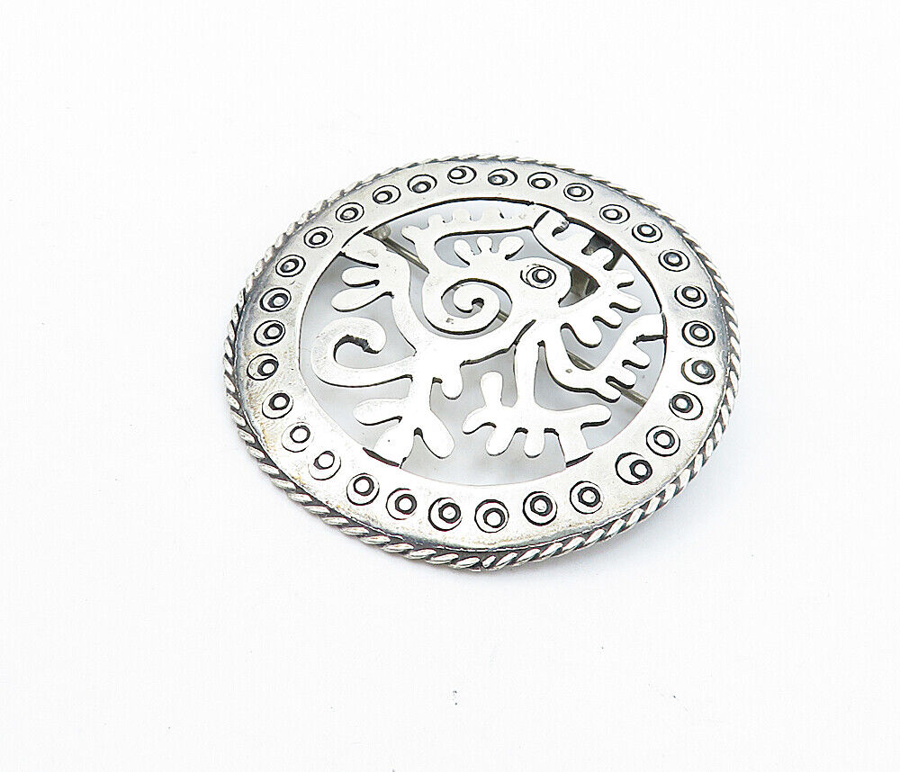 MEXICO 925 Sterling Silver  Vintage Traditional Design Round Brooch Pin BP2744