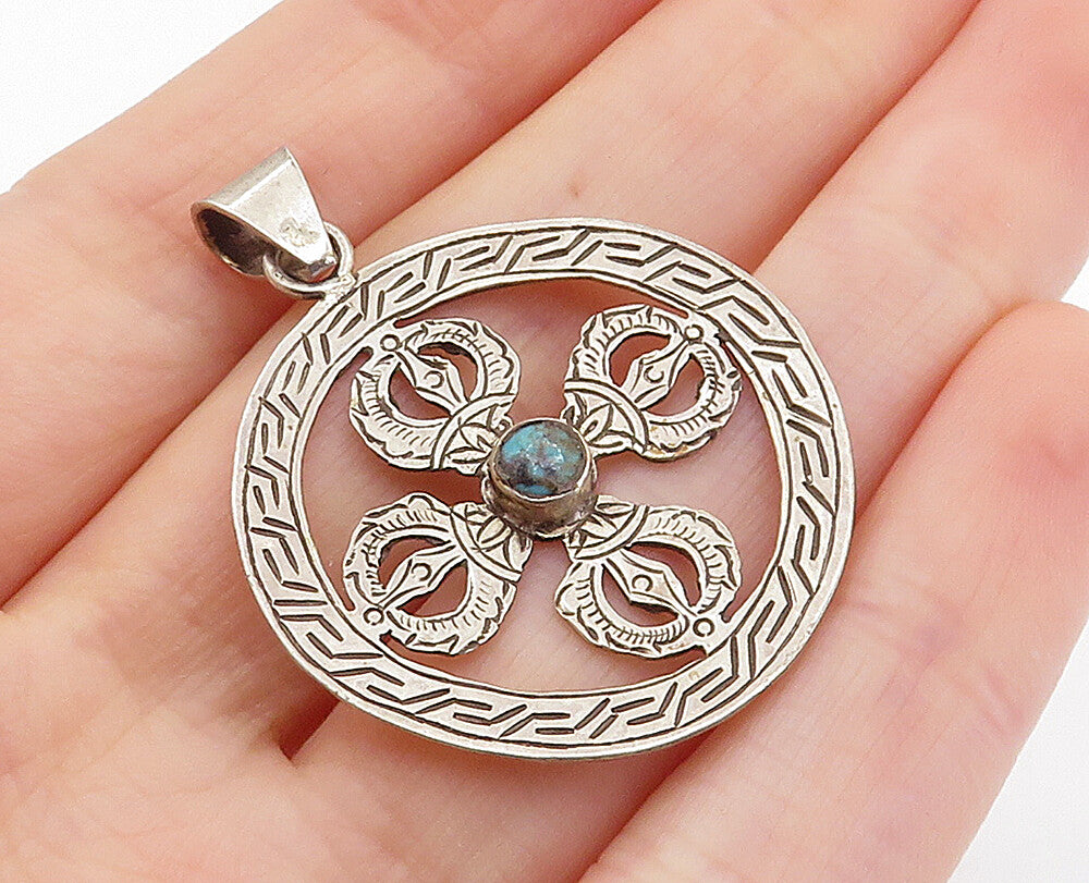 925 Sterling Silver  Vintage Petite Turquoise Greek Key Drop Pendant  PT5530
