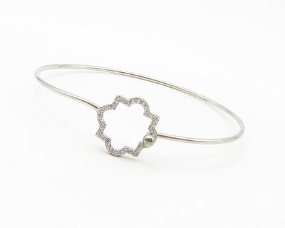 925 Sterling Silver  Shiny Topaz Open Flower Motif Bangle Bracelet  BT5254