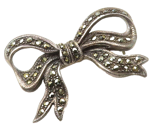 925 Sterling Silver  Vintage Marcasite Bow Tied Ribbon Brooch Pin  BP6115