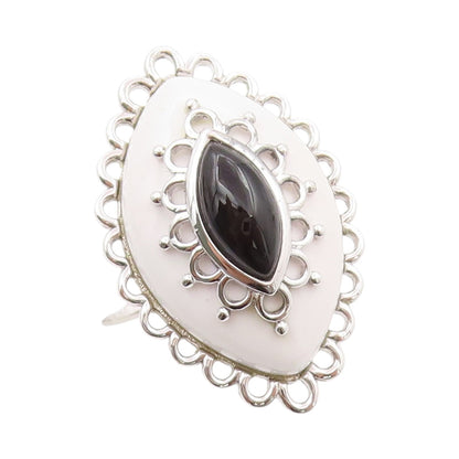 925 Sterling Silver Vintage Ring Designer Onyx & Gemstone Eyes  SZ 9  RG31935